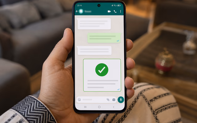 Smartphone avec notification WhatsApp confirmant activation abonnement IPTV en 15 minutes