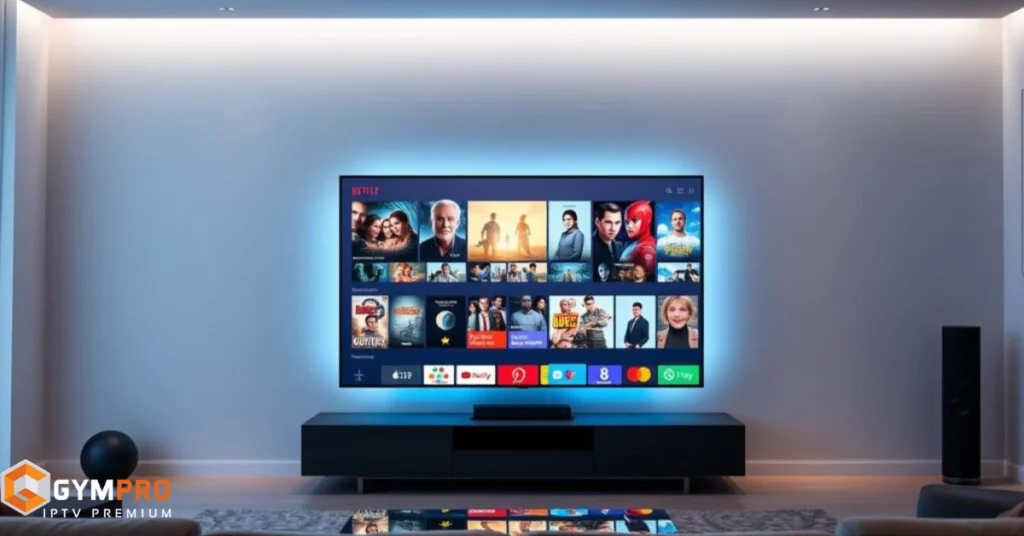 A sleek and modern smart IPTV device sitting atop a minimalist wooden table, its simple yet elegant design complementing the contemporary interior. The device's front panel features a clean, uncluttered interface, with soft ambient lighting casting a warm glow. In the background, a large, high-definition display showcases a vibrant, dynamic M3U playlist, highlighting the device's seamless integration with the Gympro platform for an optimal viewing experience. Smart-IPTV